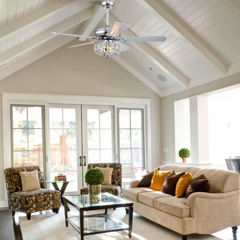 52'' Crystal Shade Ceiling Fan Lamp with Remote Control, 3 Speed, 5 Reversible Blades, Dual Mount Compatible, for Living Room, Dining Room, Bedroom, Chrome