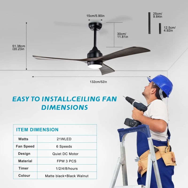 52" Ceiling Fan with Lights and Remote Control, Quiet DC Motor, 3 Blades, 6 Speed Levels, Reversible, for Indoor Patio, Living Room, Bedroom, Office, Matte Black