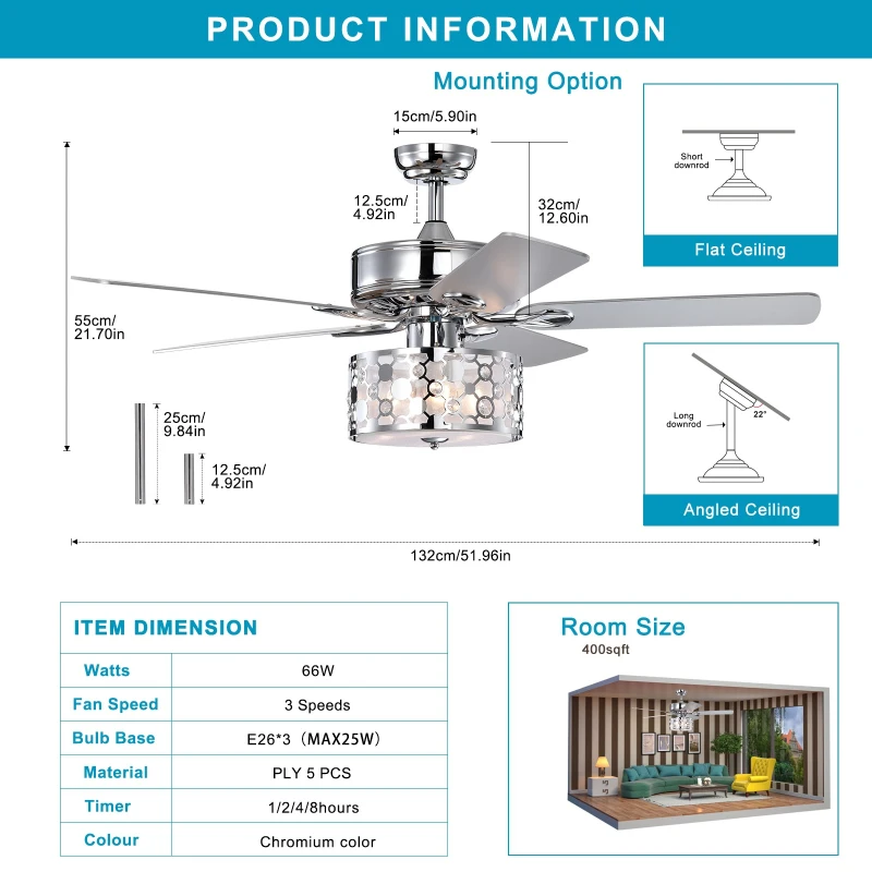 52" Elegant Ceiling Fan Light with Remote, Crystal Chandelier Fan with 5 Reversible Wood Blades, Silent Motor, and Adjustable Wind Speed for Dining Room, Bedroom, Living Room, Chrome
