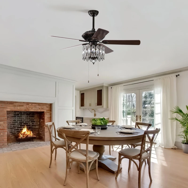 52'' Classical Crystal Ceiling Fan Lamp with 3-Speed, Chandelier Ceiling Fan with 5 Reversible Blades, Dual Mount Compatible, Quiet Reversible Motor, Rustic Brown