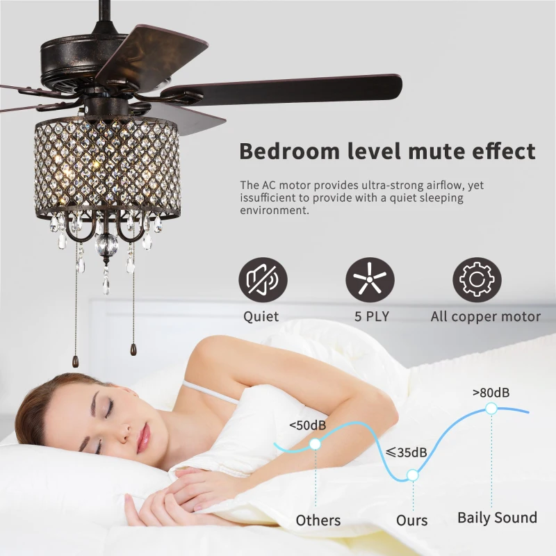 52'' Classical Crystal Ceiling Fan Lamp with 3-Speed, 5 Reversible Blades, Dual Mount Compatible, Quiet Reversible Motor, Flush Mount Ceiling Fan, Rustic Brown