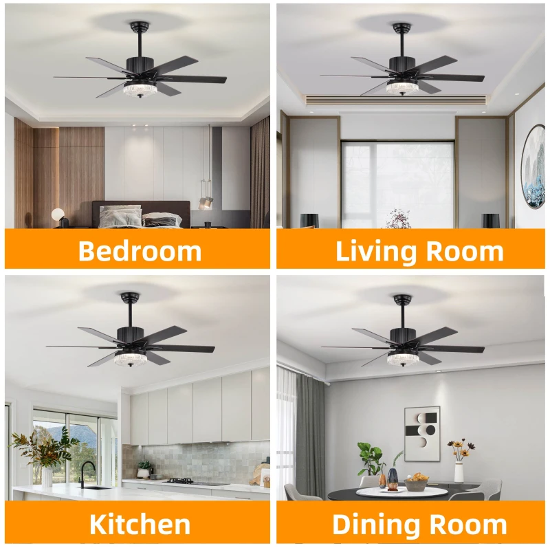 52 Inch Indoor Modern LED Ceiling Fan with Light, Remote Control, Reversible 6 Blades, Quiet Motor, Matte Black
