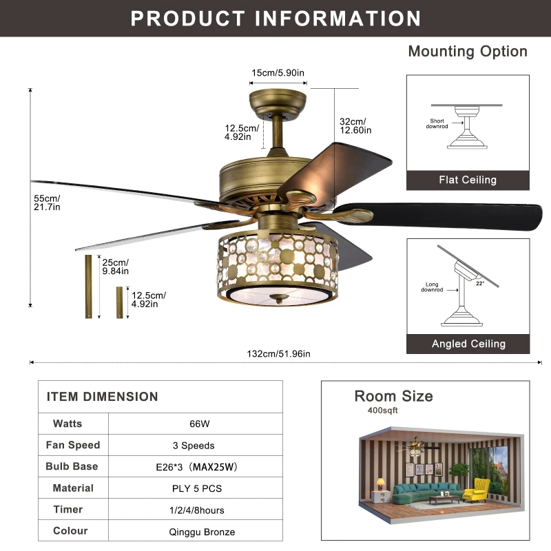 52" Antique Bronze Metal Ceiling Fan with 3 Lights, Crystal Chandelier, 5 Wood Blades, Remote Control, Reversible Airflow, Adjustable Height, Antique Brass