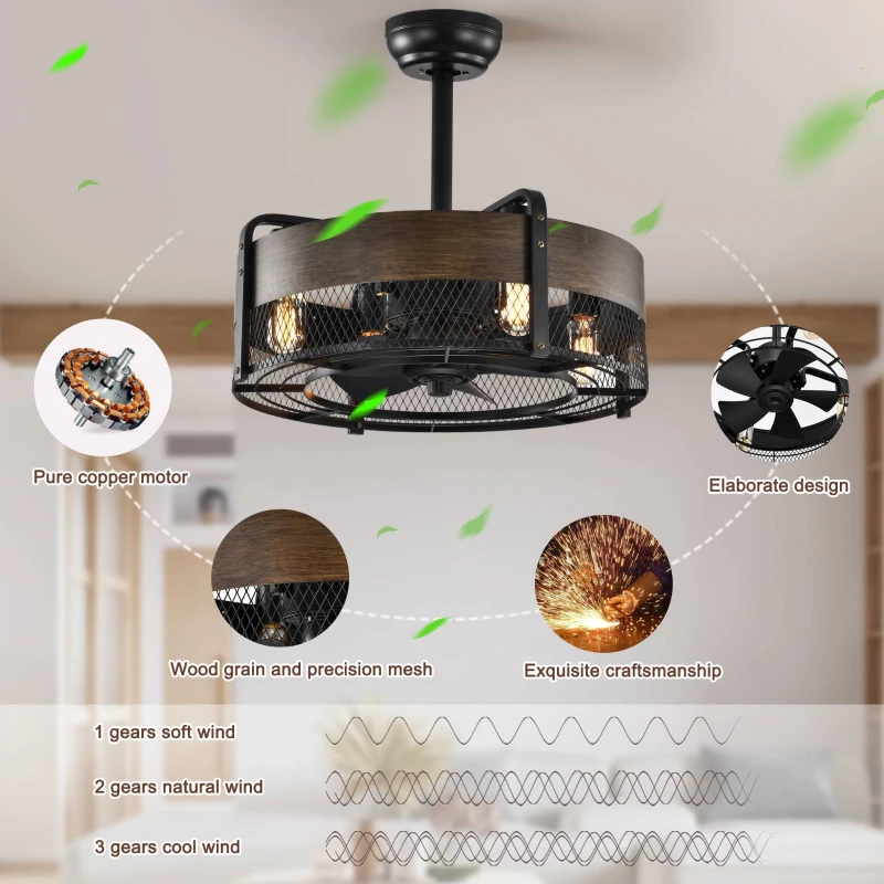 20.6" Caged Ceiling Fan with Lights, Remote Control, Bladeless Retractable 3-Speed, 1/2/4 Timer, Outdoor Ceiling Fan with Light Flush Mount, for Bedroom, Matte Black