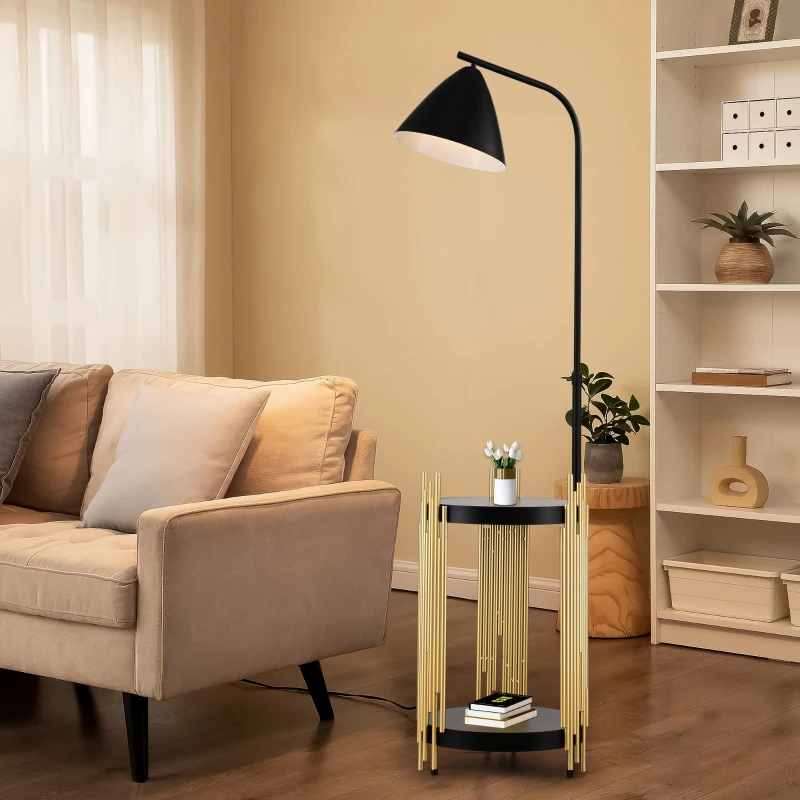 Luxury Floor Lamp with Shelves and Metal Lampshade, Industrial Standing Lamp for Living Room, Bedroom, Office, Convenient Pedal Switch, Gold+Matte Black