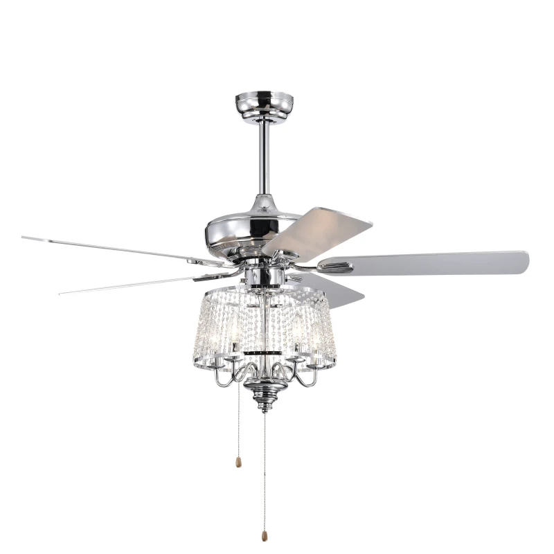 52" Crystal Ceiling Fan with 5 Reversible Wood Blades, Modern Electrical Fan, Noiseless Reversible AC Motor, Remote Control, 4 Bulbs Not Included, Chrome