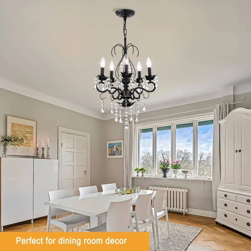 18.1" Classic Vintage Crystal Candle Chandelier, 5-Light Pendant Ceiling Fixture, Adjustable Chain, E12 Bulb Compatible, Chandelier Beads, for Living Room, Matte Black