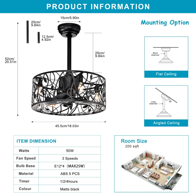 18" Industrial Style Ceiling Fan with 5 Blades, 3-Speed Adjustable, Remote Control, and Reversible Motor for Living Room, Bedroom, Kitchen, Matte Black
