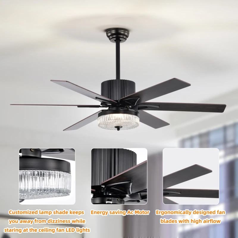 52 Inch Indoor Modern LED Ceiling Fan with Light, Remote Control, Reversible 6 Blades, Quiet Motor, Matte Black