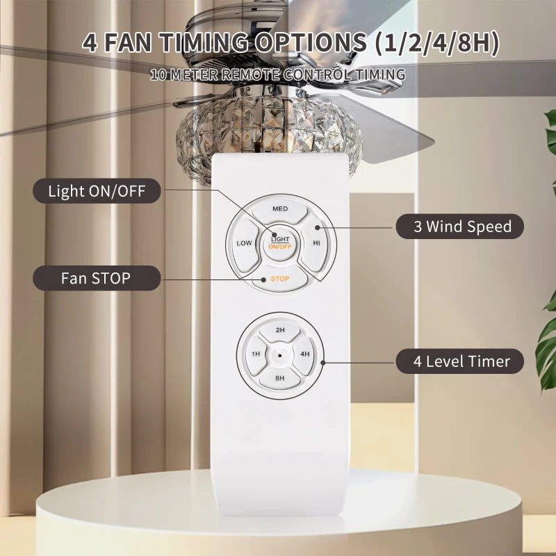 52'' Crystal Shade Ceiling Fan Lamp with Remote Control, 3 Speed, 5 Reversible Blades, Dual Mount Compatible, for Living Room, Dining Room, Bedroom, Chrome