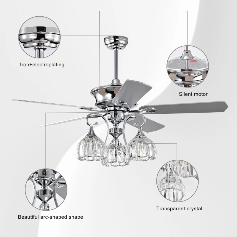 52'' Crystal Ceiling Fan Lamp with with 3-Light Crystal Chandelier, Remote Control, 3 Speed, 5 Reversible Blades, Dual Mount Compatible, for Living Room, Chrome