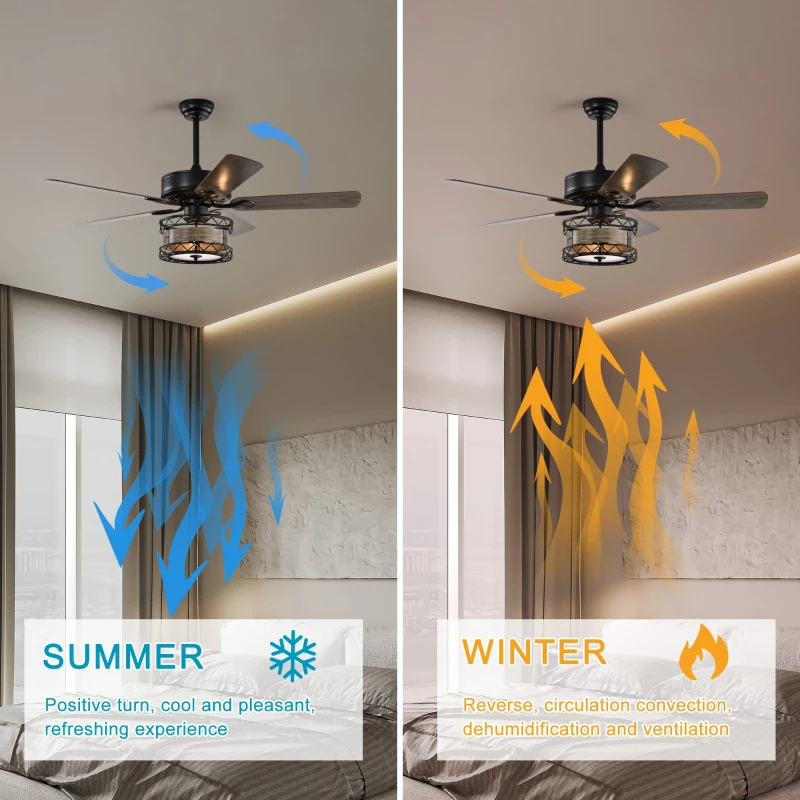 52 Inch Farmhouse Ceiling Fan with 3 Lights, 5 Wood Blades, AC Motor, Remote Control, Reversible Airflow, Multi-Speed, Adjustable Height, Matt Black