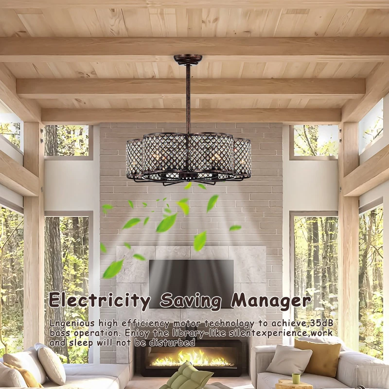 30-Inch Rustic Brown and Crystal Flower Lighted Ceiling Fan with Remote Control, 6 Wind Speeds, Reversible Motor, and Silent Operation for Bedroom, Dining Room, Living Room, Kitchen, Farmhouse, Rustic Brown