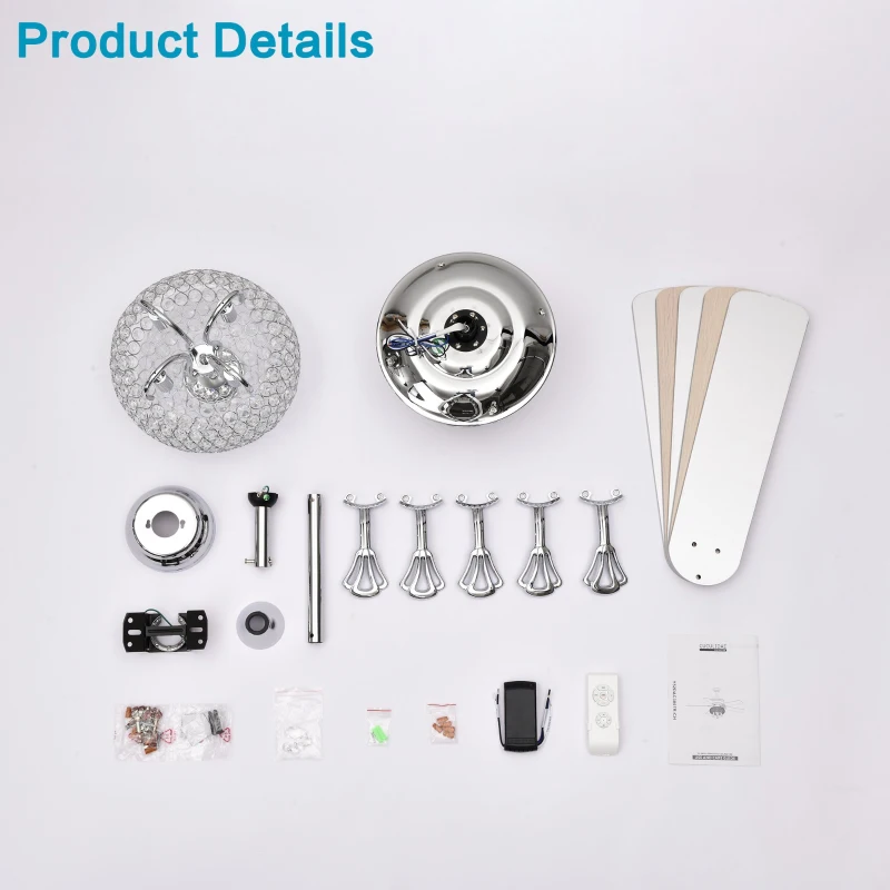 52" Crystal Ceiling Fan with Lights and Remote Control, Reversible Blades, 3 Wind Speeds, for Bedroom, Living, Dining Room, Chrome