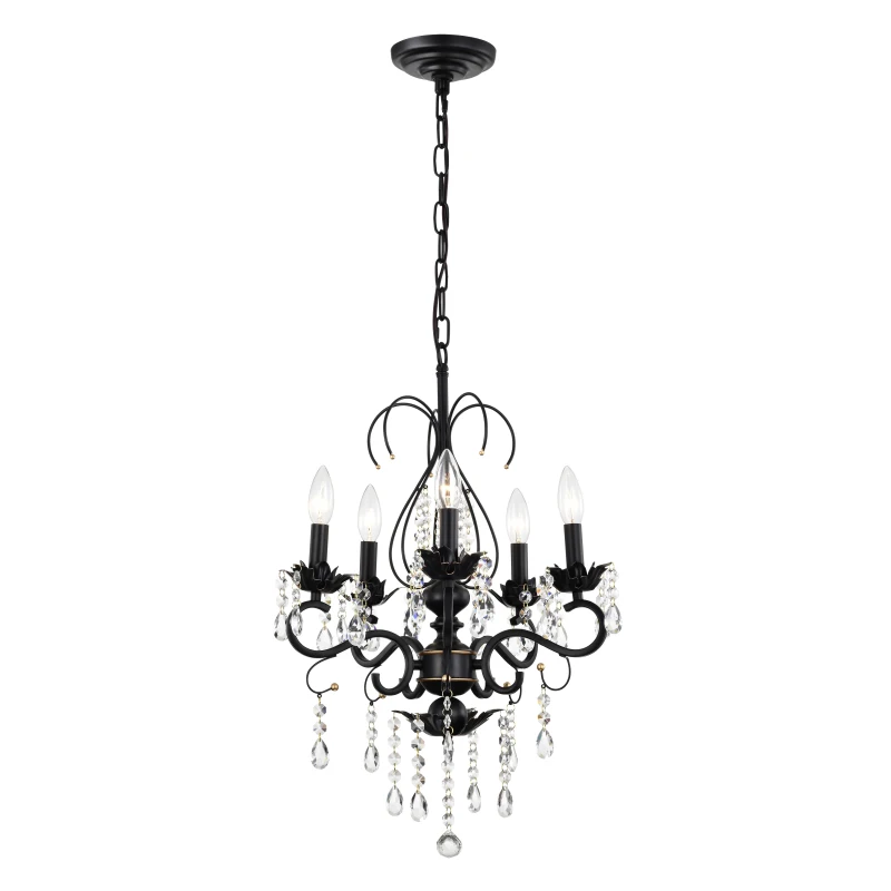 18.1" Classic Vintage Crystal Candle Chandelier, 5-Light Pendant Ceiling Fixture, Adjustable Chain, E12 Bulb Compatible, Chandelier Beads, for Living Room, Matte Black