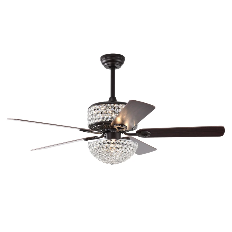 52" Dual Crystal Shade Ceiling Fan with 5 Wood Blades, 6-light, Remote Control, Reversible Airflow, Multi-Speed, Adjustable Height, Matt Black