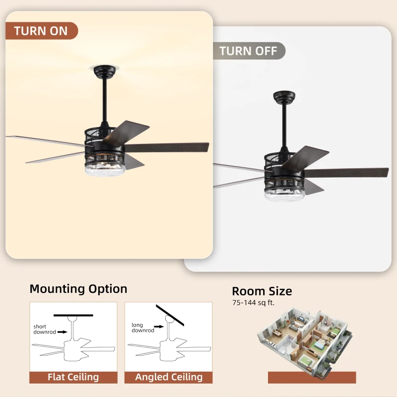 52-Inch 5-Blade Lighted Ceiling Fan with Remote Control, Glass Shade, Dual Color Blades, Forward and Reverse Function, Quiet Motor, Matte Black