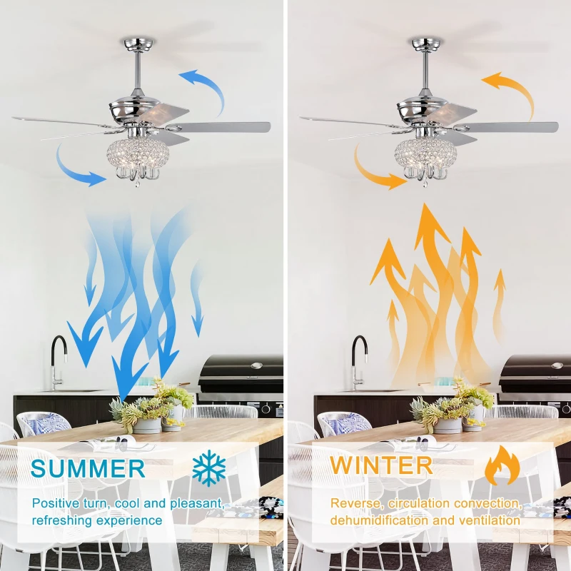 52" Crystal Ceiling Fan with Lights and Remote Control, Reversible Blades, 3 Wind Speeds, for Bedroom, Living, Dining Room, Chrome