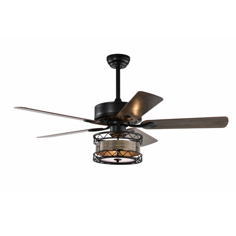 52 Inch Farmhouse Ceiling Fan with 3 Lights, 5 Wood Blades, AC Motor, Remote Control, Reversible Airflow, Multi-Speed, Adjustable Height, Matt Black
