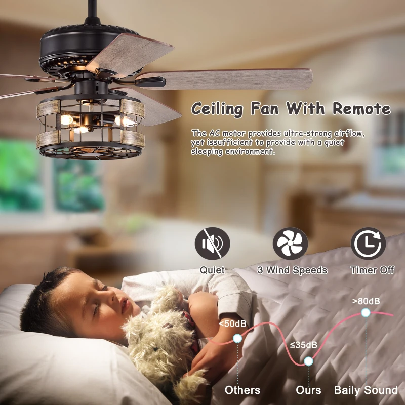 Farmhouse Industrial 52-Inch Ceiling Fan with Remote Control, Dual Finish Blades, and Reversible Motor for Bedroom, Living Room, Dining Room, Matte Black