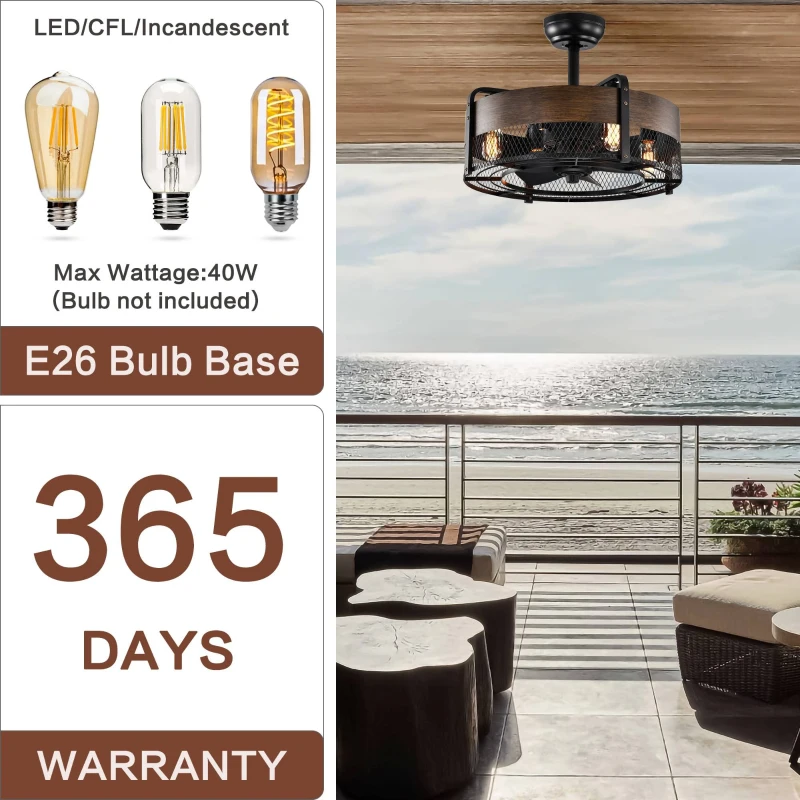 20.6" Caged Ceiling Fan with Lights, Remote Control, Bladeless Retractable 3-Speed, 1/2/4 Timer, Outdoor Ceiling Fan with Light Flush Mount, for Bedroom, Matte Black