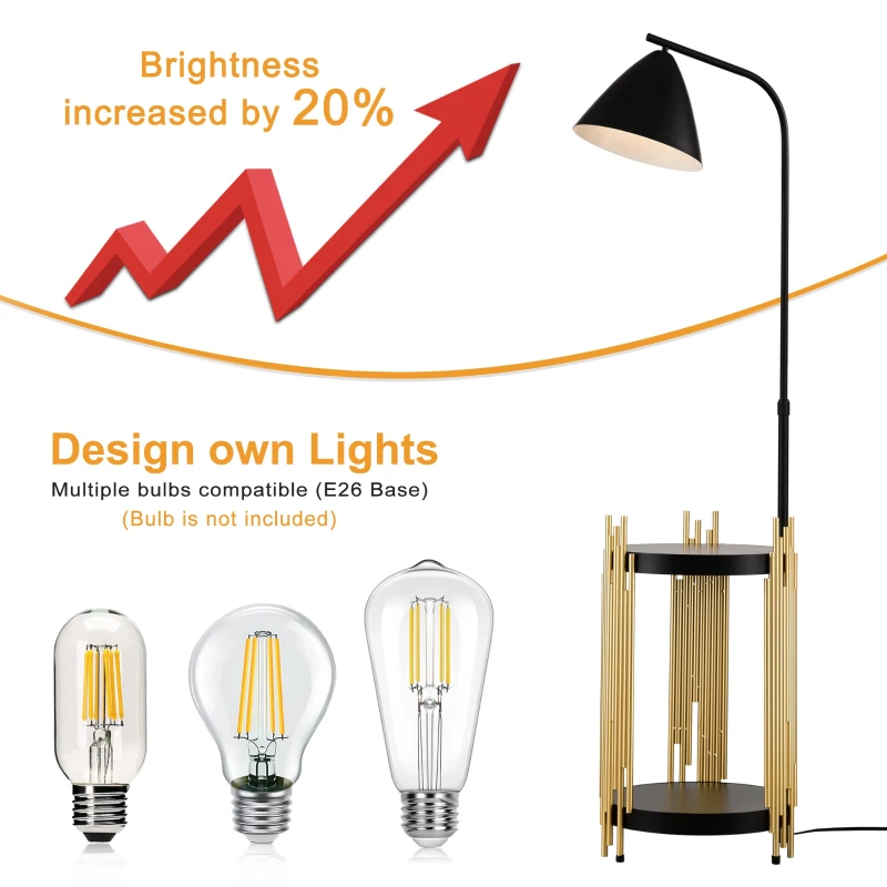 Luxury Floor Lamp with Shelves and Metal Lampshade, Industrial Standing Lamp for Living Room, Bedroom, Office, Convenient Pedal Switch, Gold+Matte Black