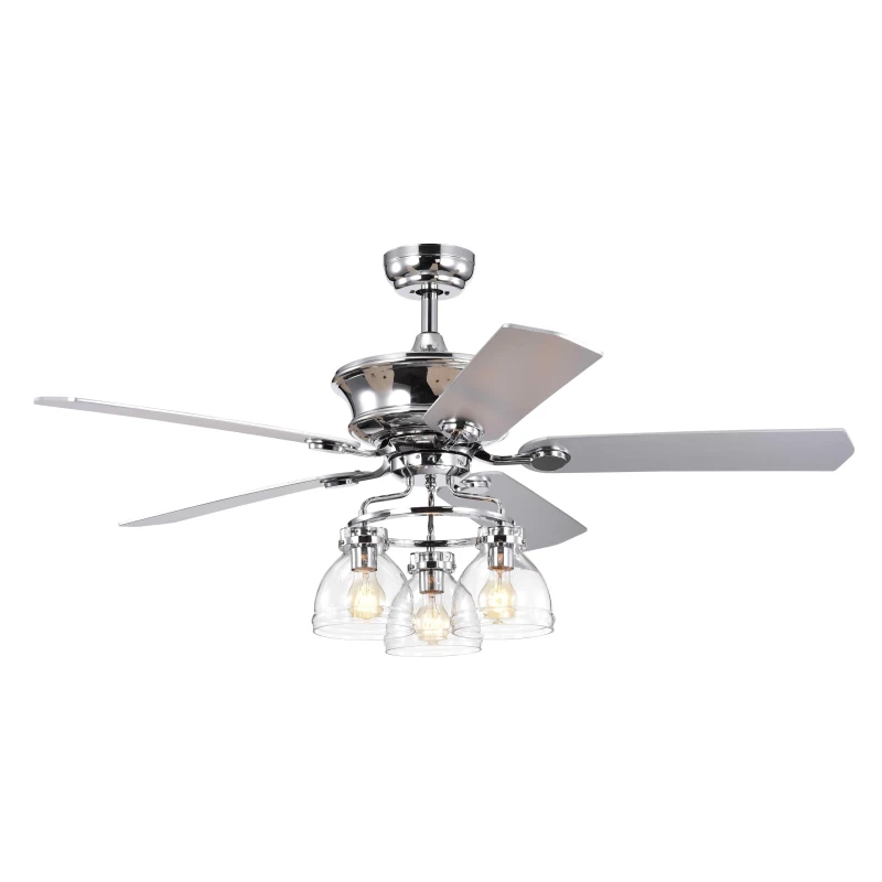 52-Inch Farmhouse Ceiling Fan with Light Kit and Remote, 5-Blade Reversible Motor, Dual Finish Blades, and Adjustable Mount, Chrome