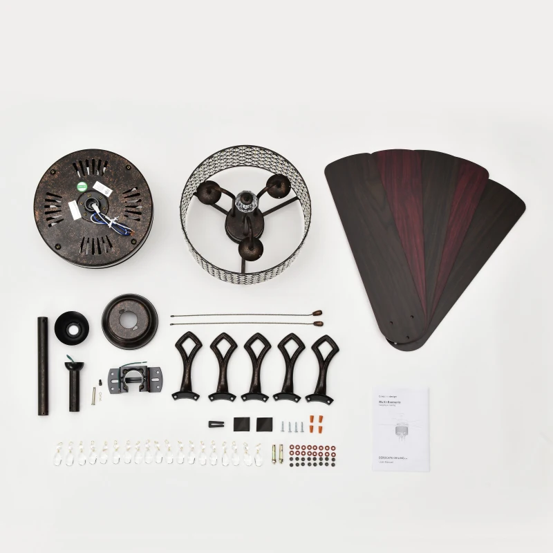 52'' Classical Crystal Ceiling Fan Lamp with 3-Speed, 5 Reversible Blades, Dual Mount Compatible, Quiet Reversible Motor, Flush Mount Ceiling Fan, Rustic Brown