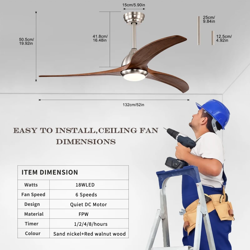 52" Ceiling Fan with Light and Remote Control, Noiseless Reversible Motor, 6 Speeds, 3 Color Settings, for Indoor/Outdoor Use, Nickel