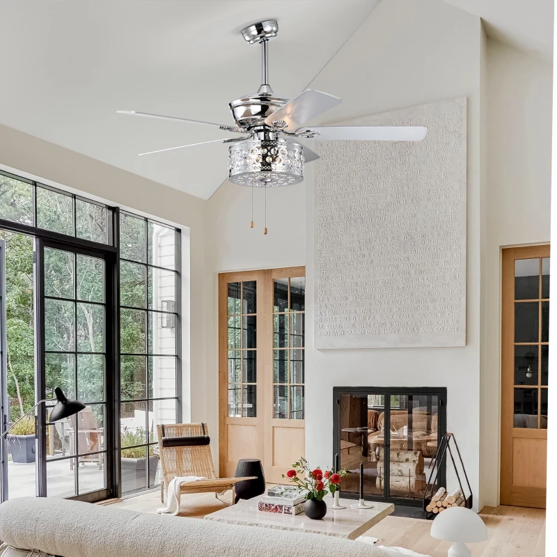 52'' Ceiling Fan with 5 Reversible Blades, Quiet 3-Speed Motor, Dual Mount Compatible, Pull Chain Control, Chrome