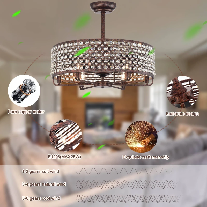 26.8" Crystal Chandelier Ceiling Fan with Remote Control, 3 ABS Blades, 4-Light Fixture, Metal Cage, and Reversible Motor, Rustic Brown