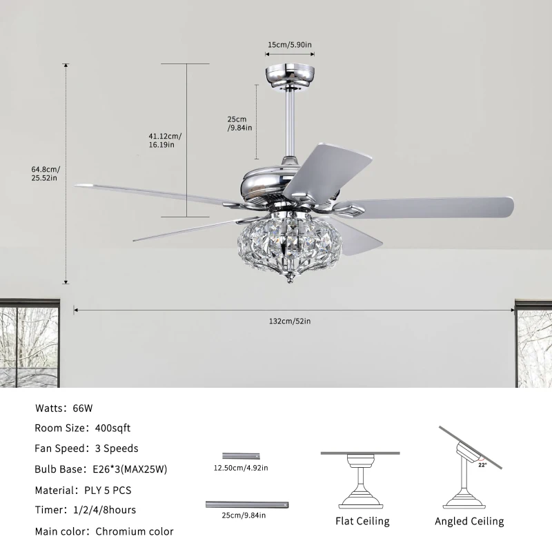 52'' Crystal Shade Ceiling Fan Lamp with Remote Control, 3 Speed, 5 Reversible Blades, Dual Mount Compatible, for Living Room, Dining Room, Bedroom, Chrome