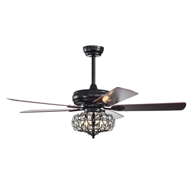 52'' Crystal Shade Ceiling Fan Lamp with Remote Control, 3 Speed, 5 Reversible Blades, Dual Mount Compatible, for Living Room, Dining Room, Bedroom, Matte Black