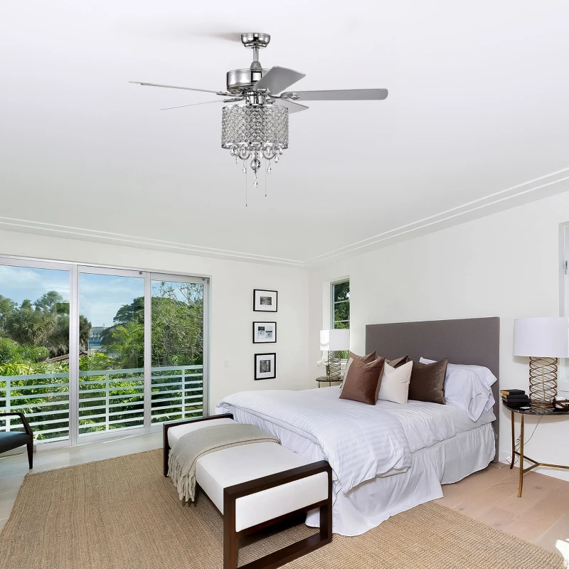 52'' Classical Crystal Ceiling Fan Lamp with 3-Speed Hand Pull Chain, 5 Reversible Blades, Dual Mount Compatible, Quiet Reversible Motor, Chrome