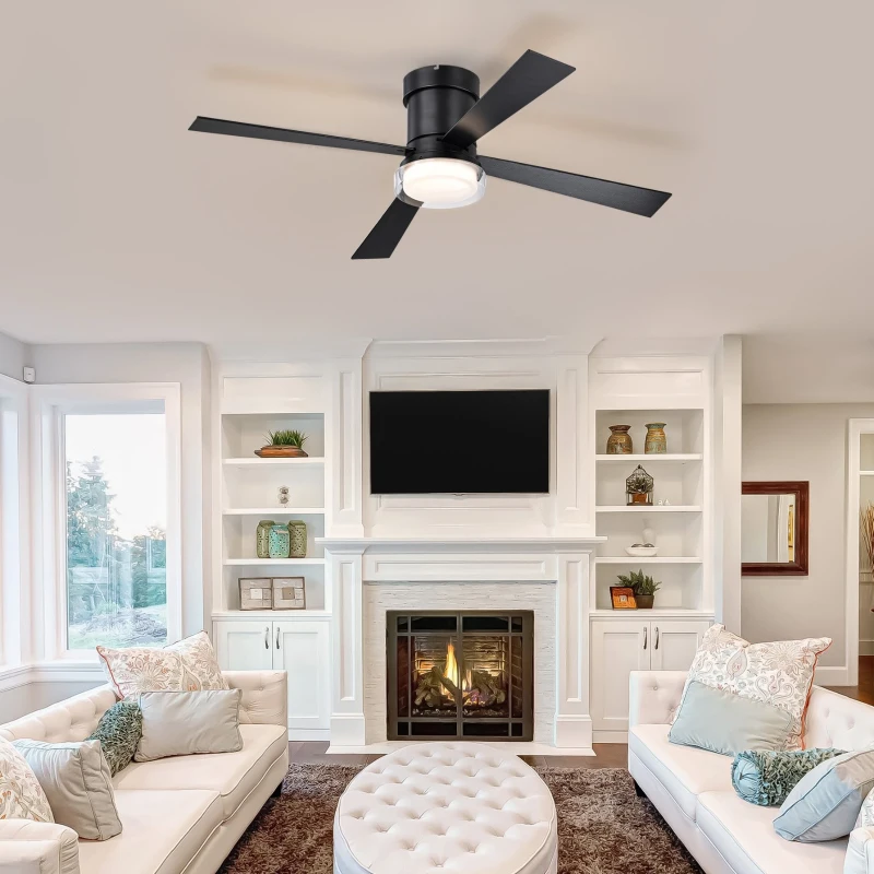 48" Fandelier Ceiling Fan with Lights and Remote, Low Profile Flush Mount, 3000K-6500K Dimmable LED, 6 Speed Settings, Dual Finish Blades, Matte Black