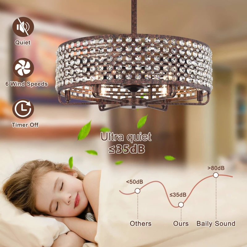 26.8" Crystal Chandelier Ceiling Fan with Remote Control, 3 ABS Blades, 4-Light Fixture, Metal Cage, and Reversible Motor, Rustic Brown