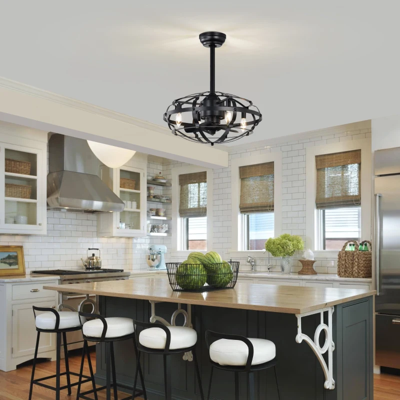 Industrial Bladeless Ceiling Fan with Lights, 18" Caged Design, Reversible Motor, Remote Control, Downrod Mount, E12 Standard Base, Matte Black
