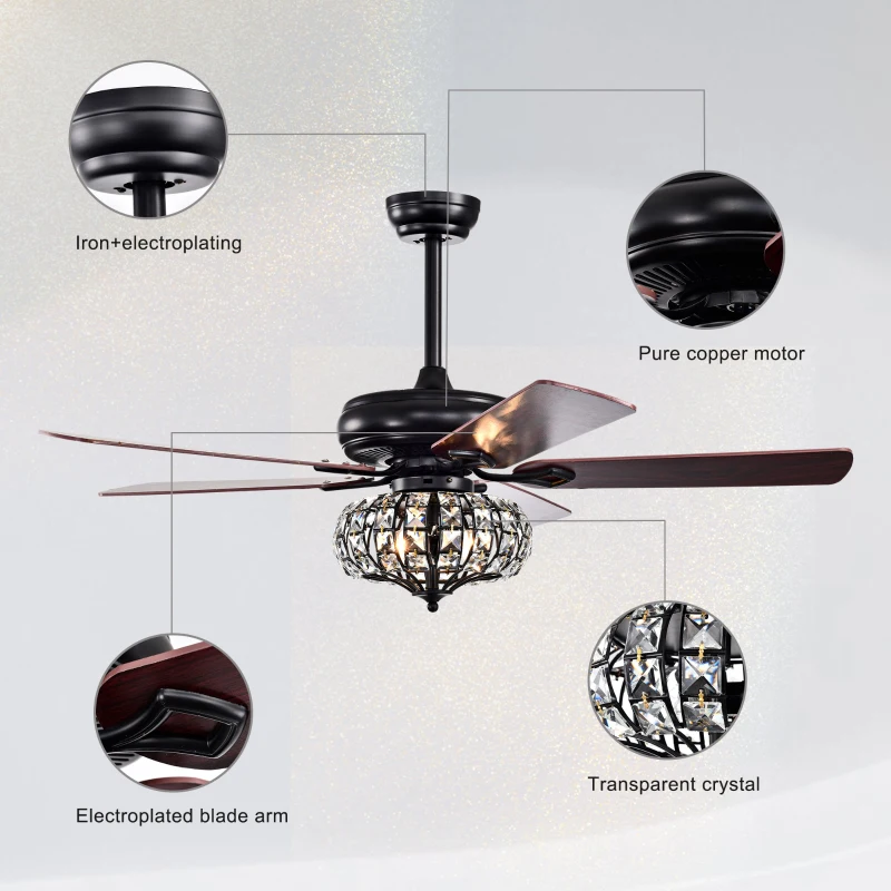 52'' Crystal Shade Ceiling Fan Lamp with Remote Control, 3 Speed, 5 Reversible Blades, Dual Mount Compatible, for Living Room, Dining Room, Bedroom, Matte Black
