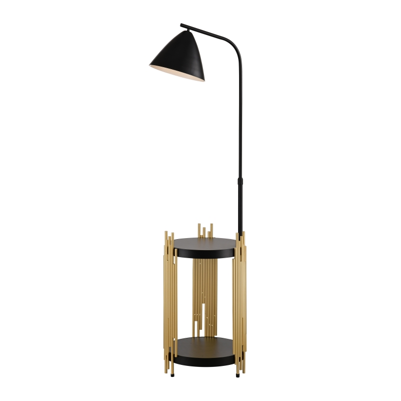 Luxury Floor Lamp with Shelves and Metal Lampshade, Industrial Standing Lamp for Living Room, Bedroom, Office, Convenient Pedal Switch, Gold+Matte Black