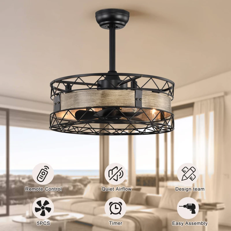 20.5" Caged Ceiling Fan with 5 ABS Blades, Remote Control, Timer, 3 Speeds, Reversible and Quiet for Farmhouse, Bedroom, Living Room, Matte Black