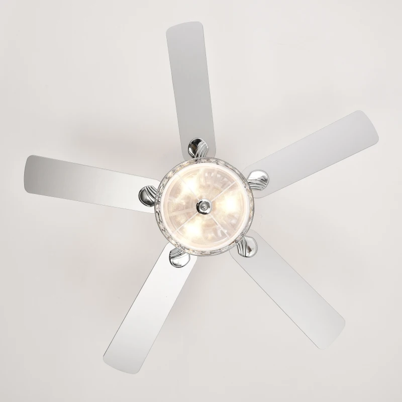 52" Elegant Ceiling Fan Light with Remote, Crystal Chandelier Fan with 5 Reversible Wood Blades, Silent Motor, and Adjustable Wind Speed for Dining Room, Bedroom, Living Room, Chrome