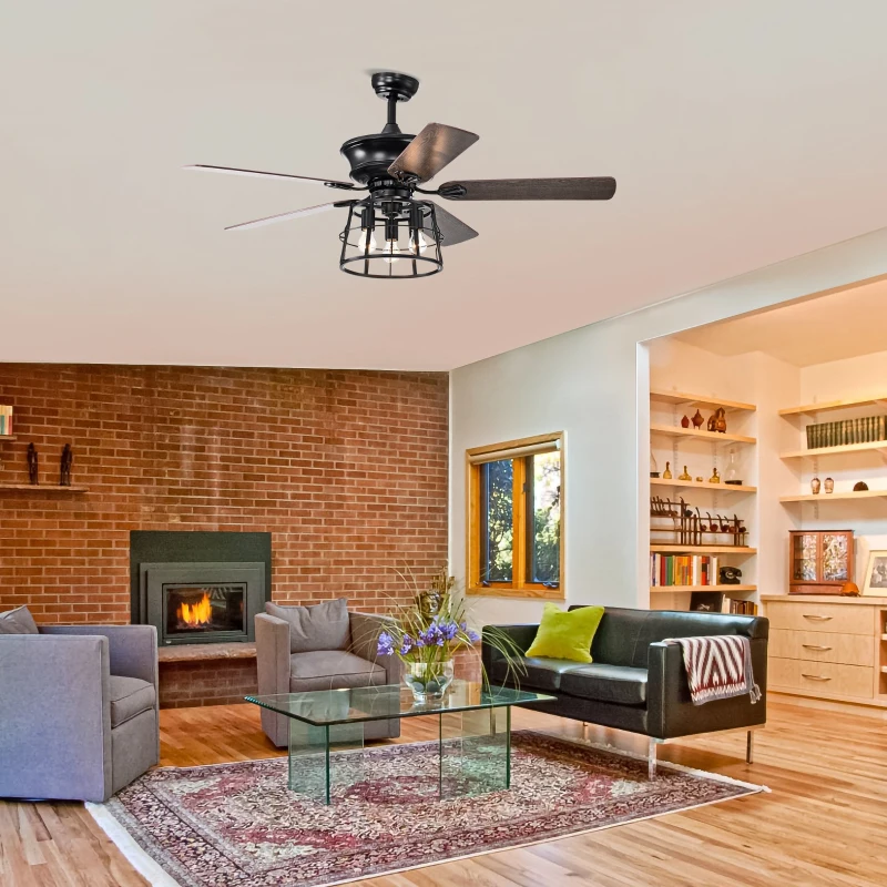 52'' Farmhouse Ceiling Fan with Lights, Industrial Cage Design, Remote Control, Reversible AC Motor for Indoor/Outdoor Use, 3-Speed Settings, Matte Black