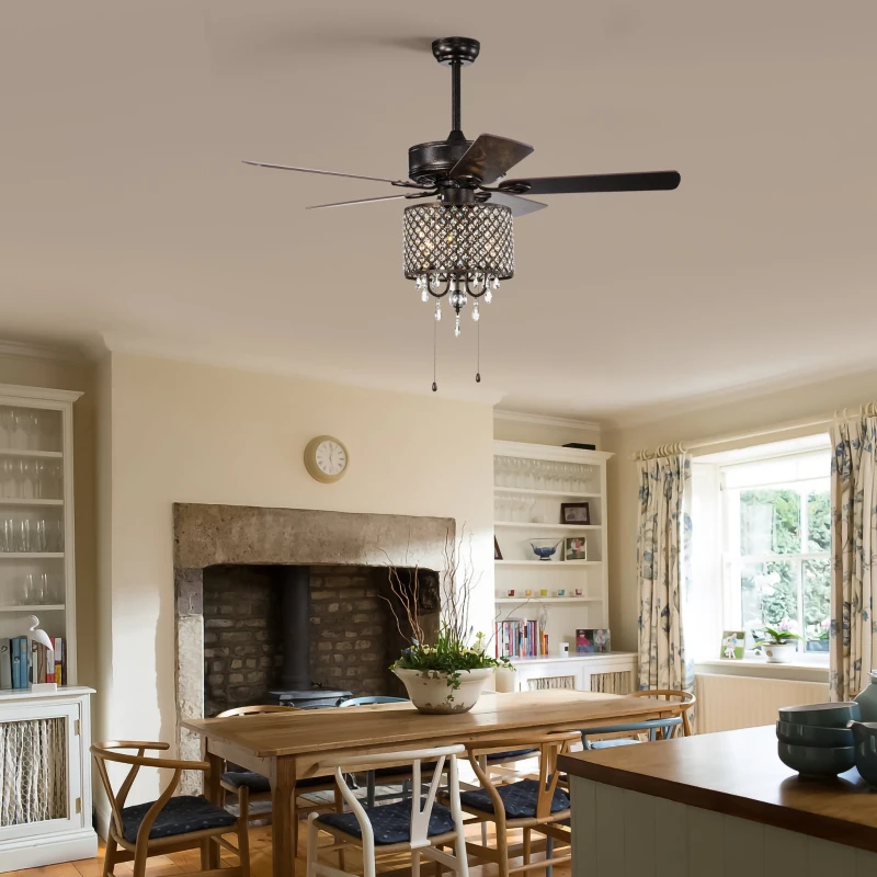 52'' Classical Crystal Ceiling Fan Lamp with 3-Speed, 5 Reversible Blades, Dual Mount Compatible, Quiet Reversible Motor, Flush Mount Ceiling Fan, Rustic Brown