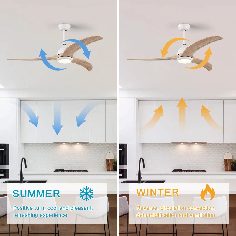 52" Ceiling Fan with Light and Remote Control, Noiseless Reversible Motor, 6 Speeds, 3 Color Options, Indoor/Outdoor Use, Matte White