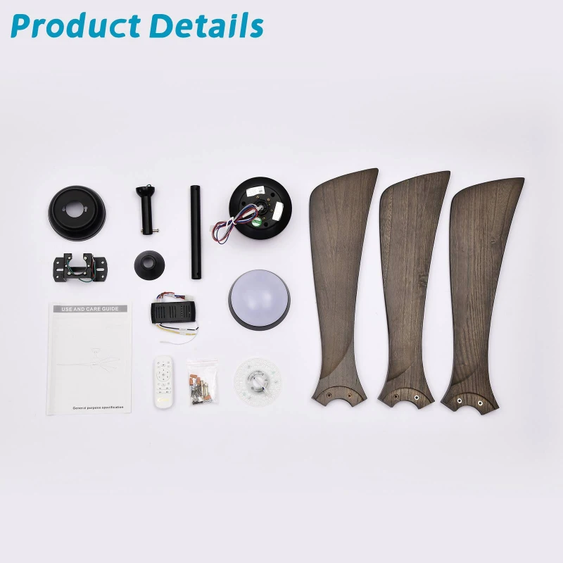 52" Ceiling Fan with Lights and Remote Control, Quiet DC Motor, 3 Blades, 6 Speed Levels, Reversible, for Indoor Patio, Living Room, Bedroom, Office, Matte Black