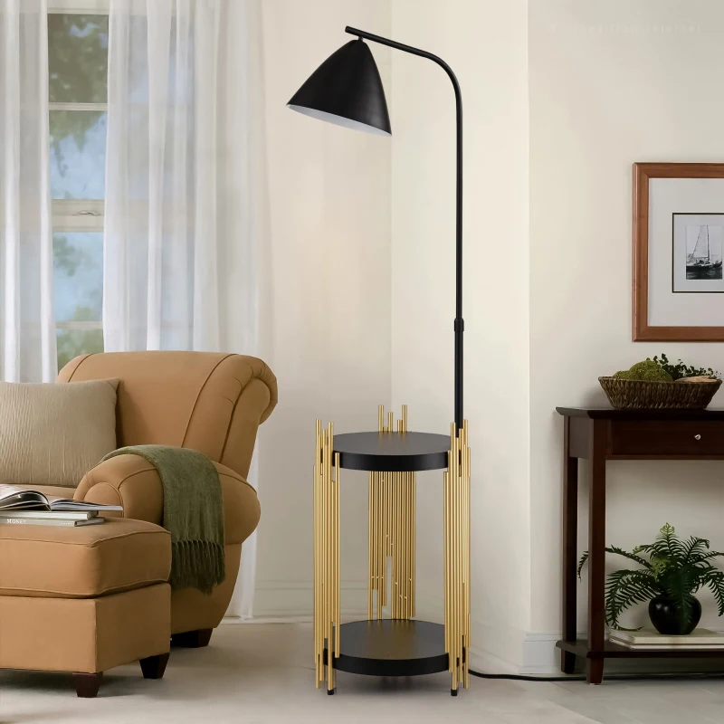 Luxury Floor Lamp with Shelves and Metal Lampshade, Industrial Standing Lamp for Living Room, Bedroom, Office, Convenient Pedal Switch, Gold+Matte Black