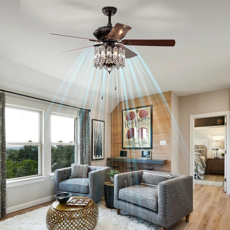 52'' Classical Crystal Ceiling Fan Lamp with 3-Speed, Chandelier Ceiling Fan with 5 Reversible Blades, Dual Mount Compatible, Quiet Reversible Motor, Rustic Brown