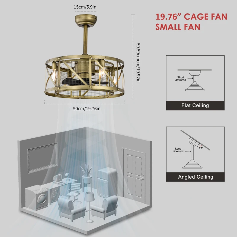 20" Ceiling Fan with Light Kit, 5 ABS Blades, Remote Control, Reversible Motor, Downrod Mount, E12 Standard Base, Antique brown