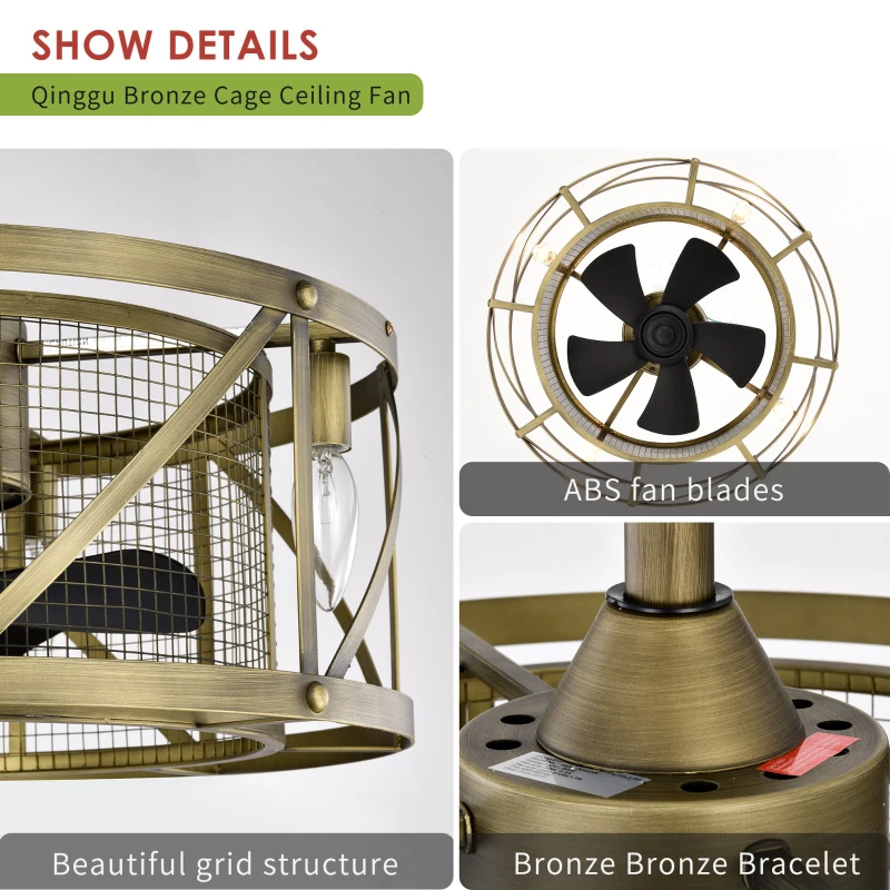 20" Ceiling Fan with Light Kit, 5 ABS Blades, Remote Control, Reversible Motor, Downrod Mount, E12 Standard Base, Antique brown