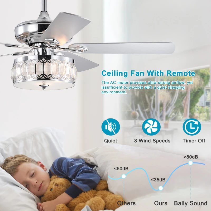 52" Ceiling Fan with 3-Light Fixture and Remote, Quiet Motor, Reversible Blades for Year-Round Comfort, Chrome